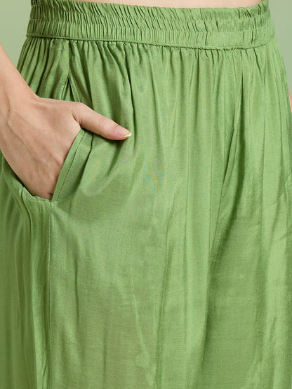 Abstract Ikat Printed Embroidered Straight Kurta with Pant & Dupatta - Green