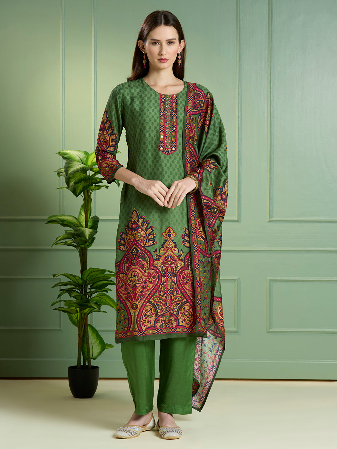 Ethnic Printed Embroidered Straight Kurta with Pant & Dupatta - Green