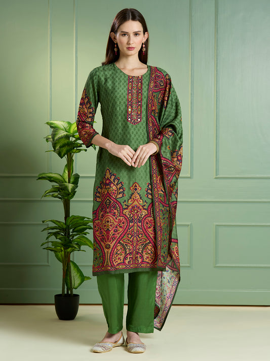 Ethnic Printed Embroidered Straight Kurta with Pant & Dupatta - Green