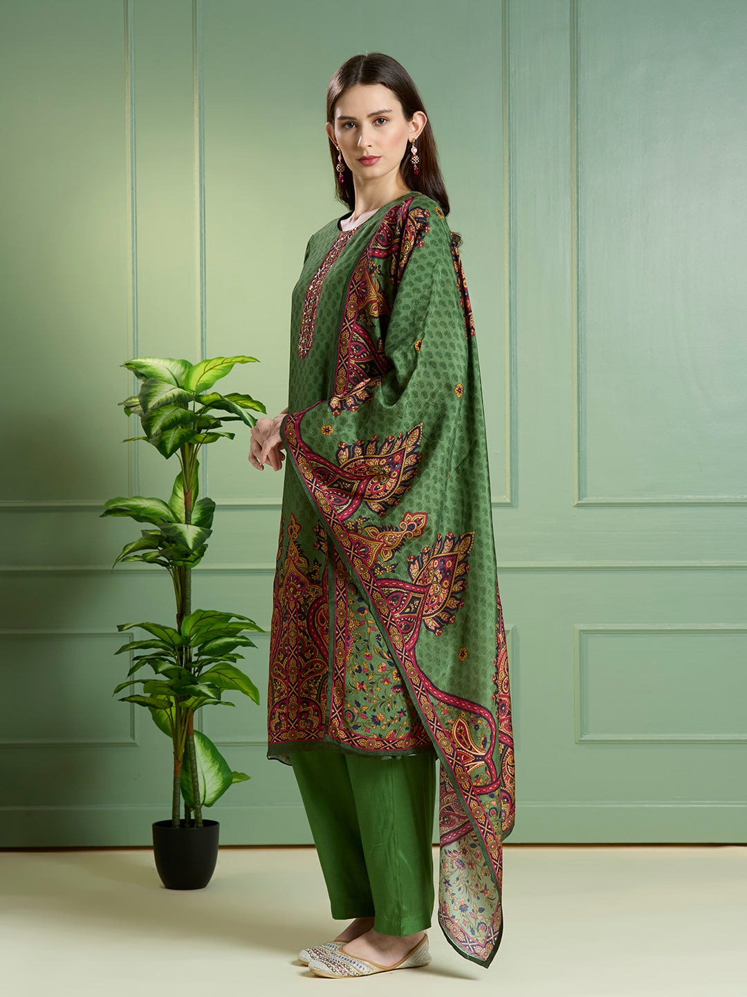 Ethnic Printed Embroidered Straight Kurta with Pant & Dupatta - Green
