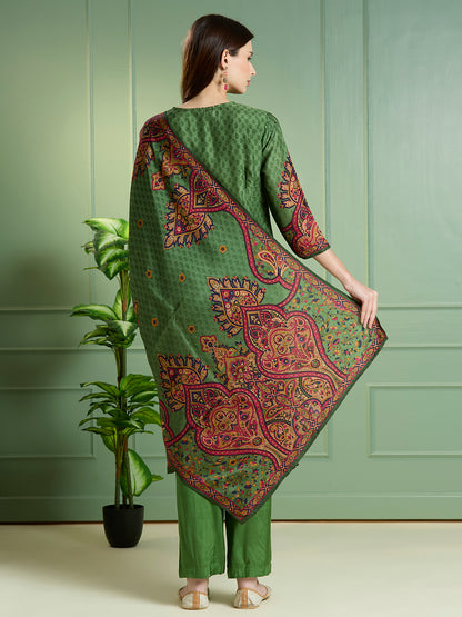 Ethnic Printed Embroidered Straight Kurta with Pant & Dupatta - Green