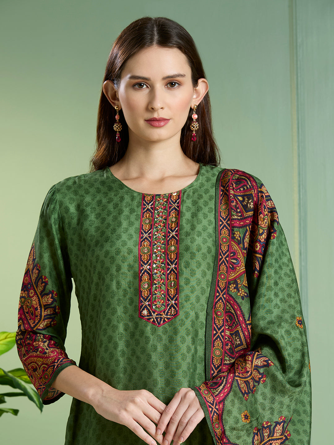 Ethnic Printed Embroidered Straight Kurta with Pant & Dupatta - Green