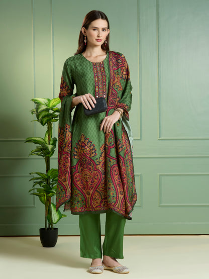Ethnic Printed Embroidered Straight Kurta with Pant & Dupatta - Green