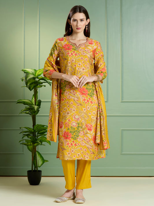 Ethnic Floral Printed Straight Kurta with Pant & Dupatta - Yellow