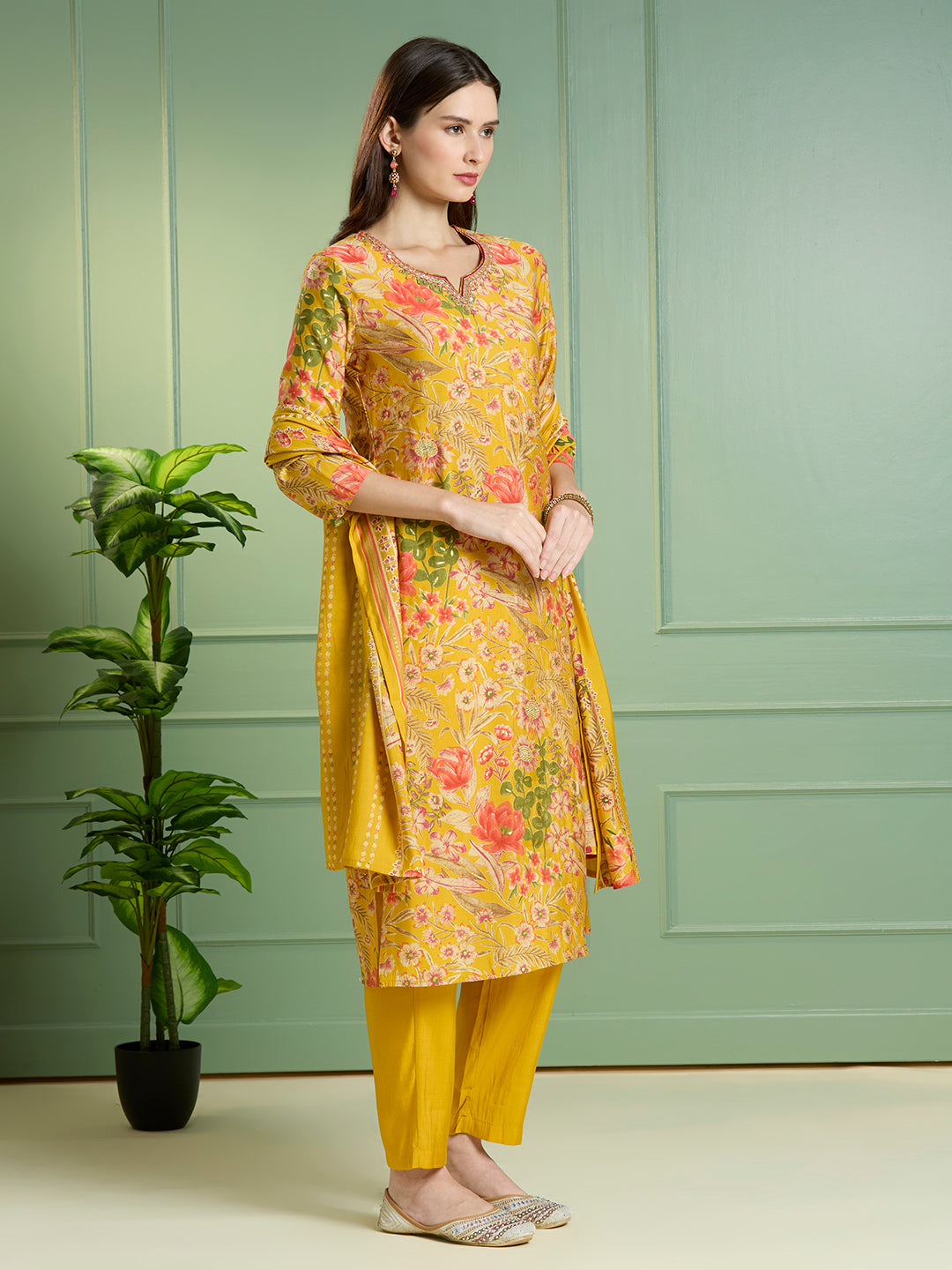 Ethnic Floral Printed Straight Kurta with Pant & Dupatta - Yellow