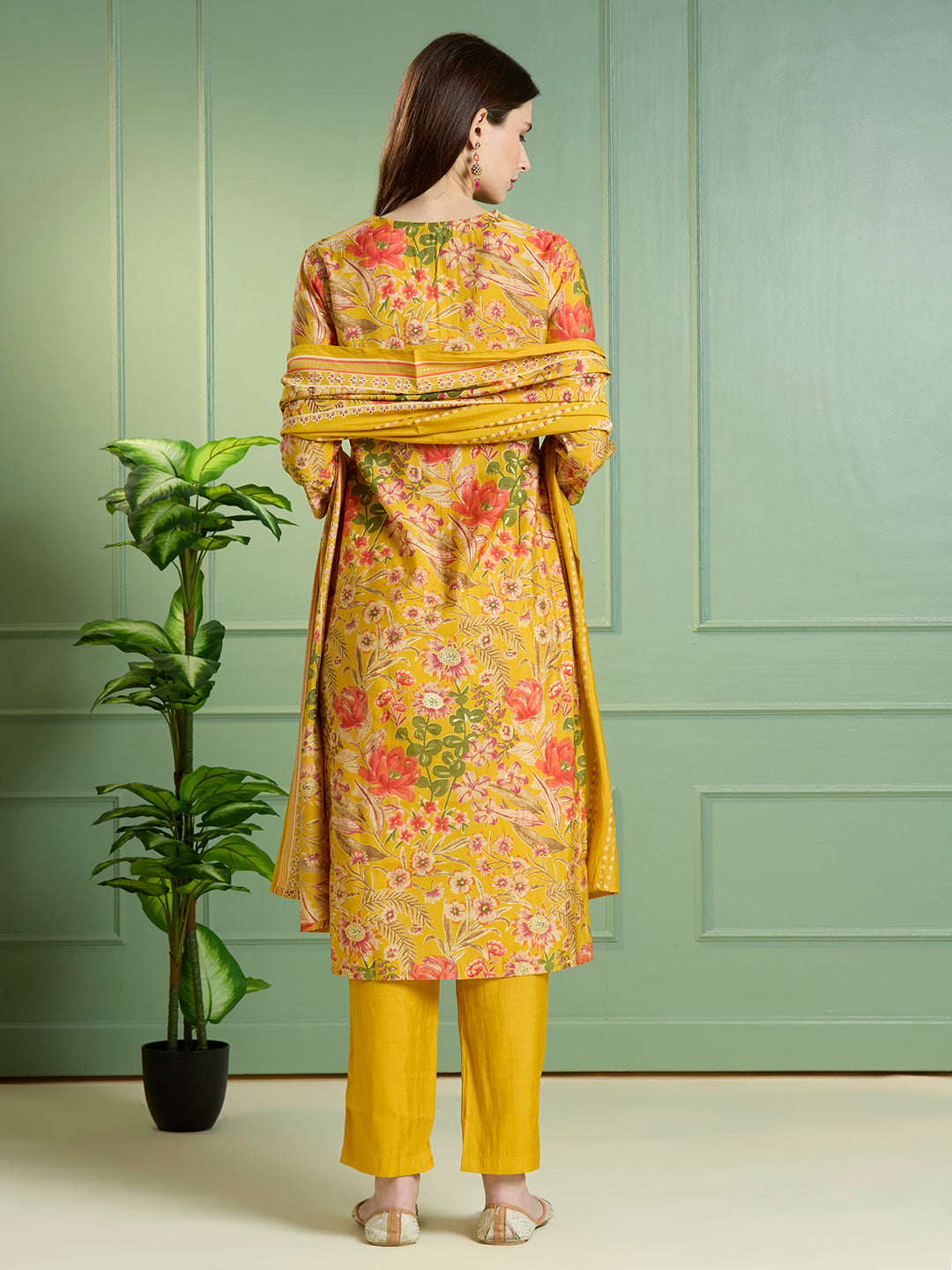 Ethnic Floral Printed Straight Kurta with Pant & Dupatta - Yellow