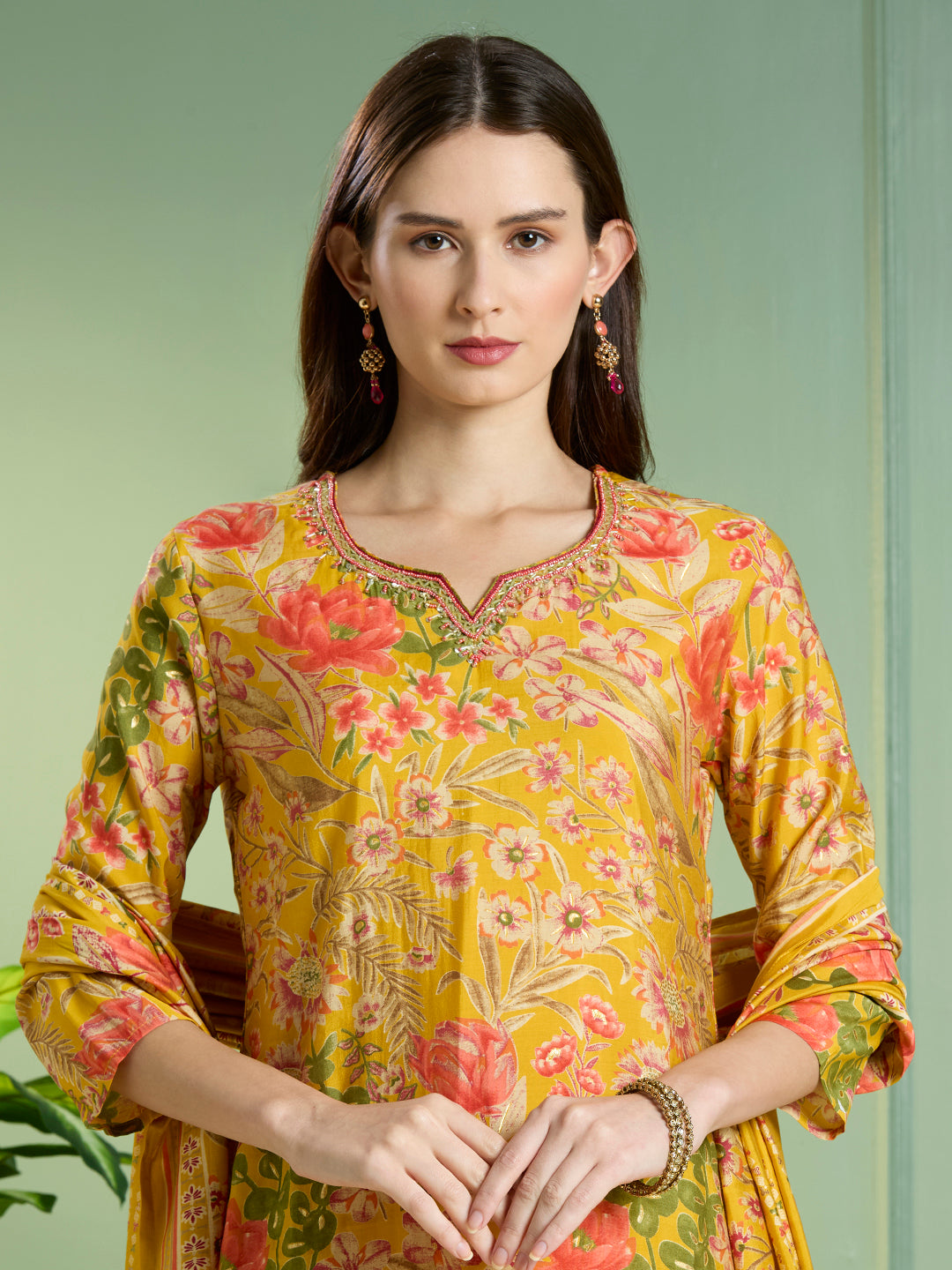 Ethnic Floral Printed Straight Kurta with Pant & Dupatta - Yellow