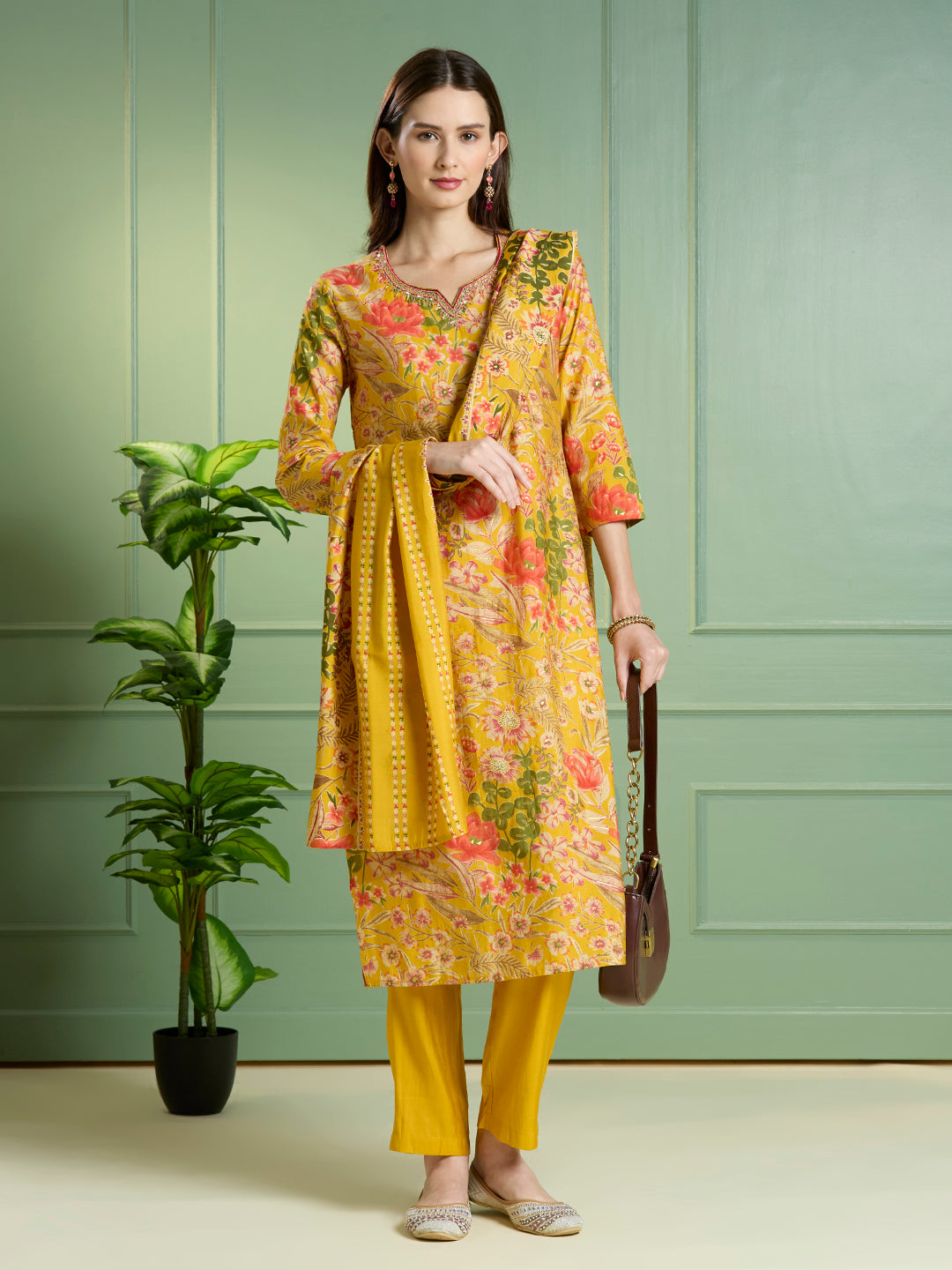 Ethnic Floral Printed Straight Kurta with Pant & Dupatta - Yellow