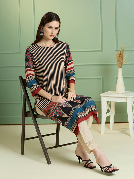 Ethnic Stripes Printed Straight Fit Kurta - Multi