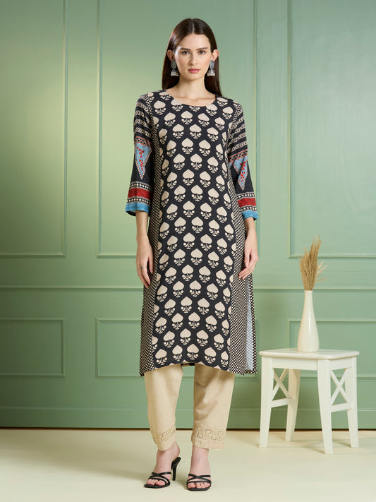 Ethnic Printed Straight Fit Kurta - Black