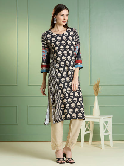 Ethnic Printed Straight Fit Kurta - Black