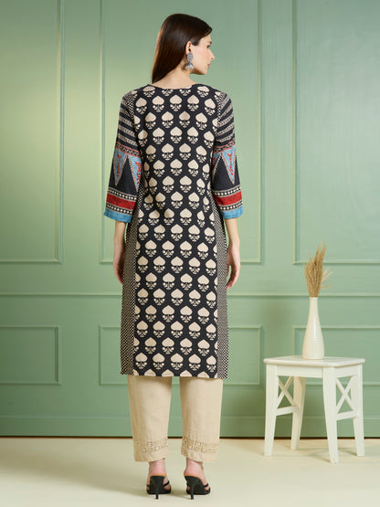 Ethnic Printed Straight Fit Kurta - Black