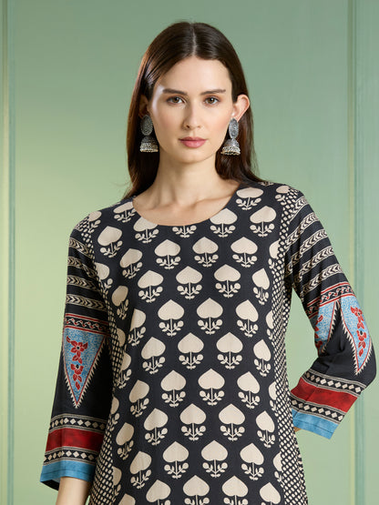Ethnic Printed Straight Fit Kurta - Black