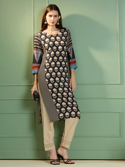 Ethnic Printed Straight Fit Kurta - Black