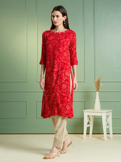 Bandhani Printed Straight Fit Kurta - Red