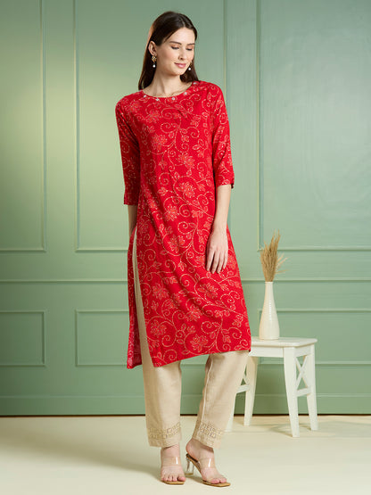 Bandhani Printed Straight Fit Kurta - Red