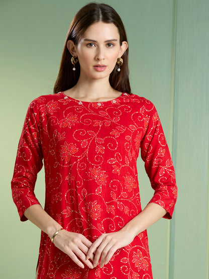 Bandhani Printed Straight Fit Kurta - Red