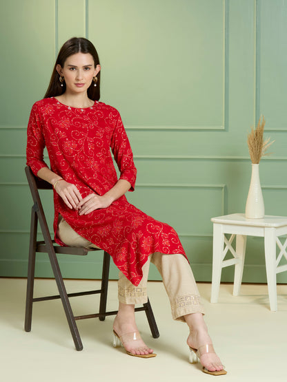 Bandhani Printed Straight Fit Kurta - Red