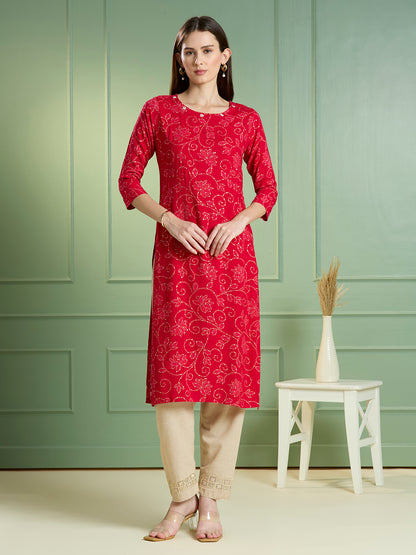 Bandhani Printed Straight Fit Kurta - Maroon