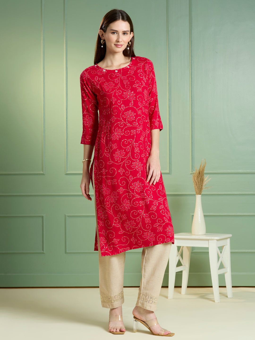 Bandhani Printed Straight Fit Kurta - Maroon