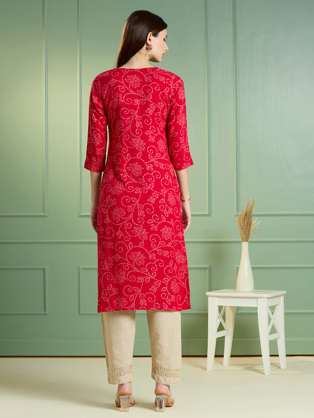 Bandhani Printed Straight Fit Kurta - Maroon