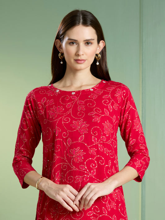 Bandhani Printed Straight Fit Kurta - Maroon