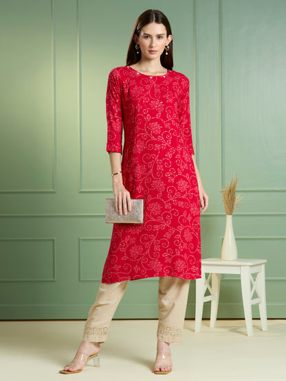 Bandhani Printed Straight Fit Kurta - Maroon