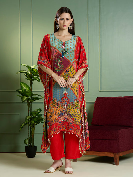 Festive Ethnic Printed Embroidered Kaftan Kurta with Pant - Red