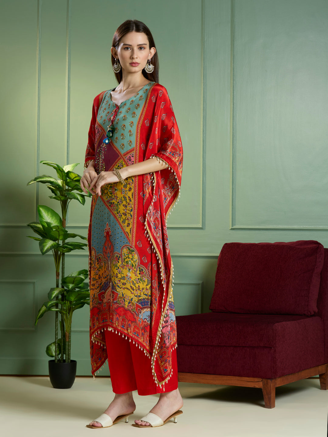 Festive Ethnic Printed Embroidered Kaftan Kurta with Pant - Red