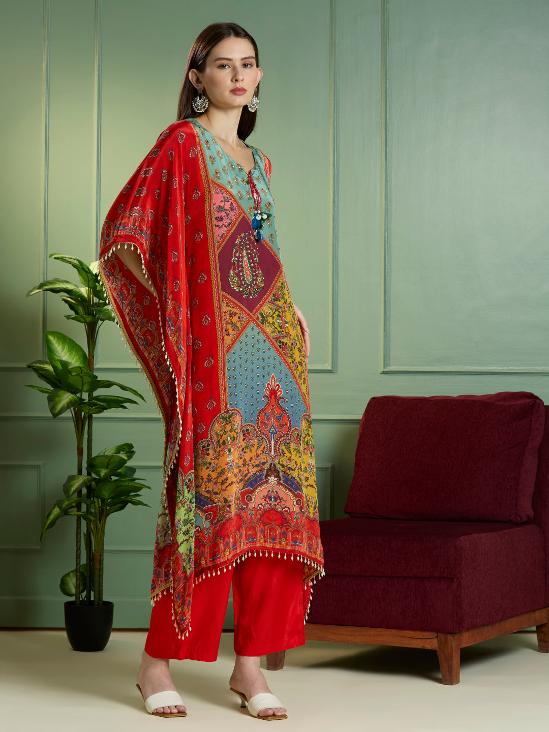 Festive Ethnic Printed Embroidered Kaftan Kurta with Pant - Red