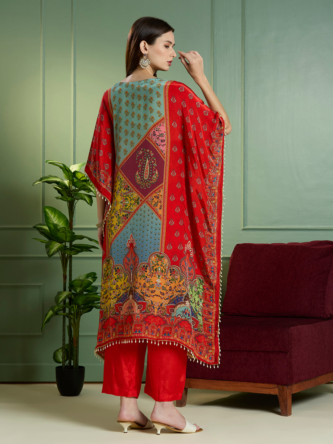 Festive Ethnic Printed Embroidered Kaftan Kurta with Pant - Red