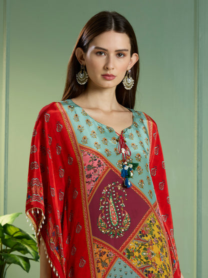 Festive Ethnic Printed Embroidered Kaftan Kurta with Pant - Red