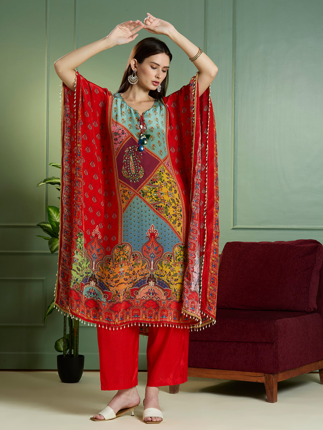 Festive Ethnic Printed Embroidered Kaftan Kurta with Pant - Red