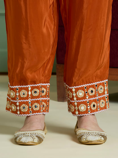 Solid Mirror Work Embroidered Straight Fit Co-ord Set - Rust