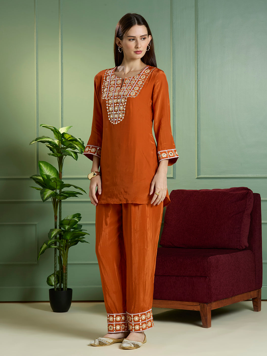 Solid Mirror Work Embroidered Straight Fit Co-ord Set - Rust