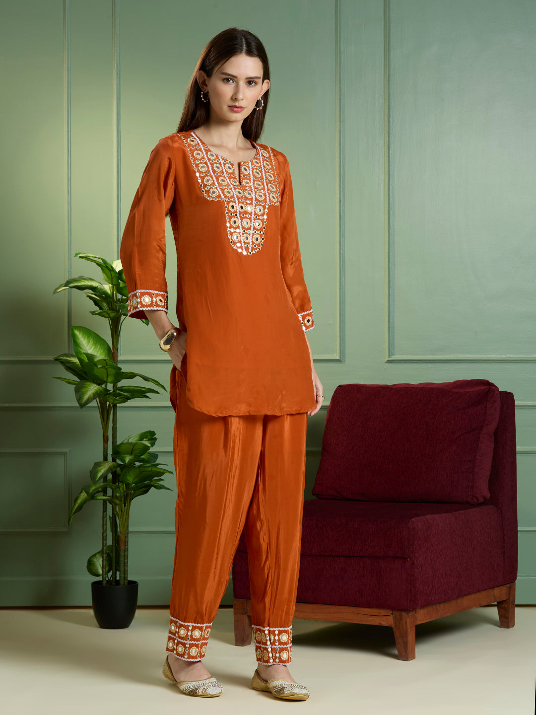 Solid Mirror Work Embroidered Straight Fit Co-ord Set - Rust