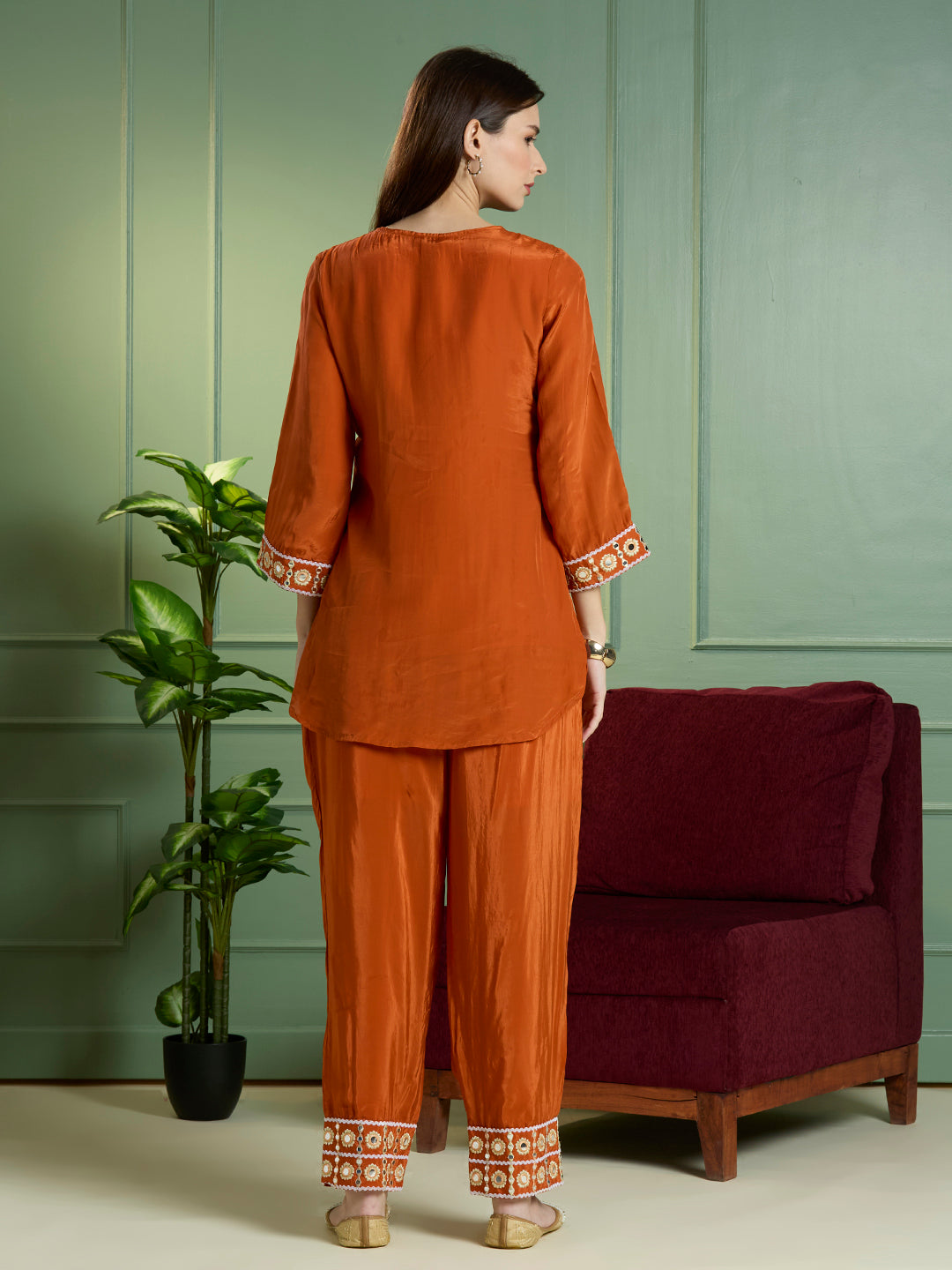 Solid Mirror Work Embroidered Straight Fit Co-ord Set - Rust