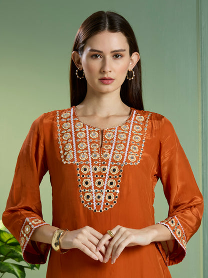Solid Mirror Work Embroidered Straight Fit Co-ord Set - Rust