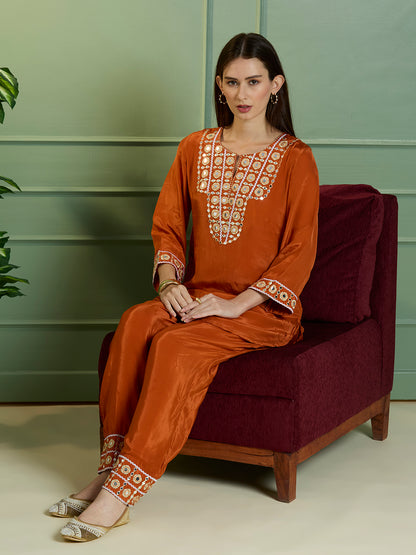 Solid Mirror Work Embroidered Straight Fit Co-ord Set - Rust