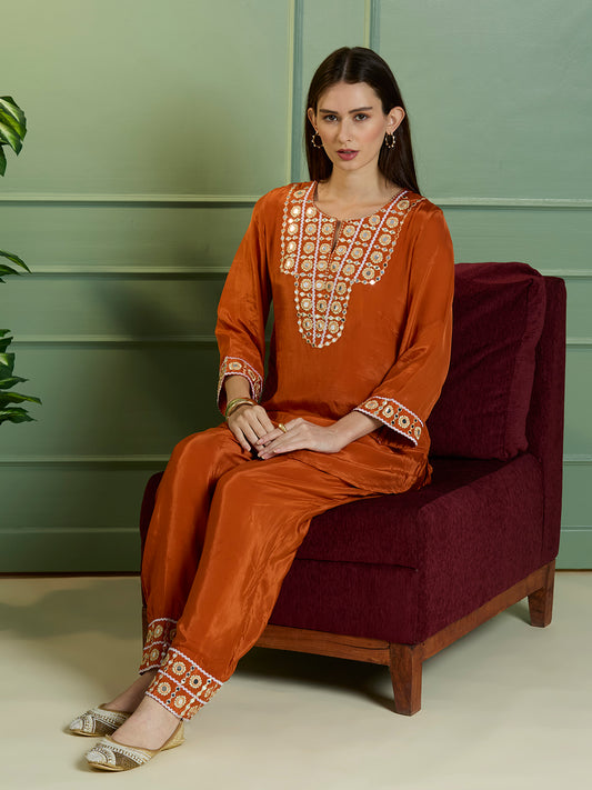 Solid Mirror Work Embroidered Straight Fit Co-ord Set - Rust
