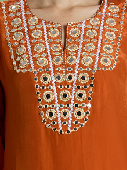Solid Mirror Work Embroidered Straight Fit Co-ord Set - Rust