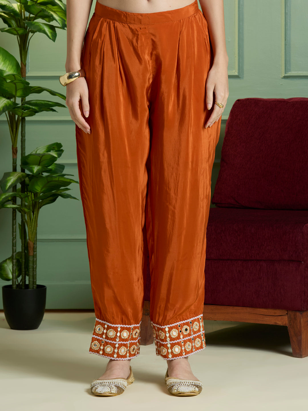 Solid Mirror Work Embroidered Straight Fit Co-ord Set - Rust