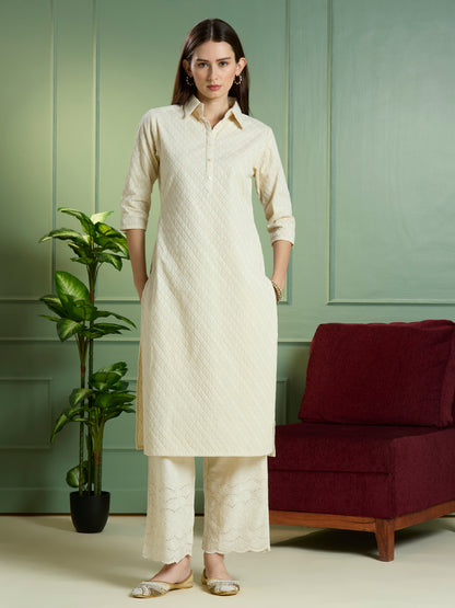 Solid Ethnic Embodied Straight Fit Kurta with Palazzo - Off White