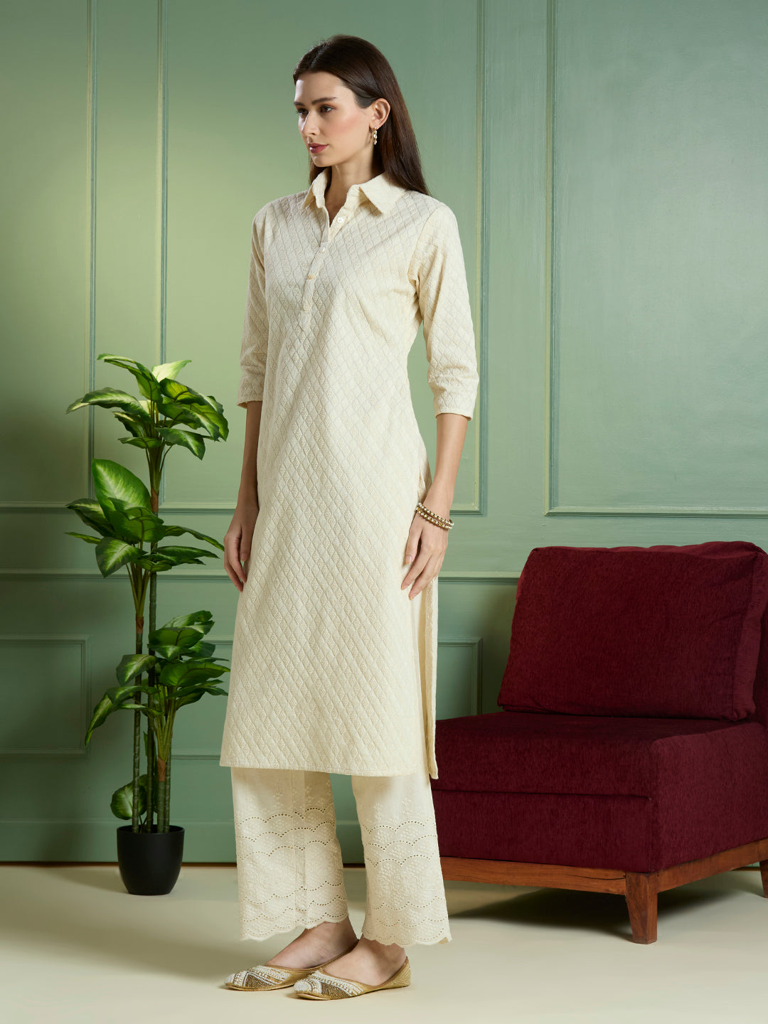 Solid Ethnic Embodied Straight Fit Kurta with Palazzo - Off White