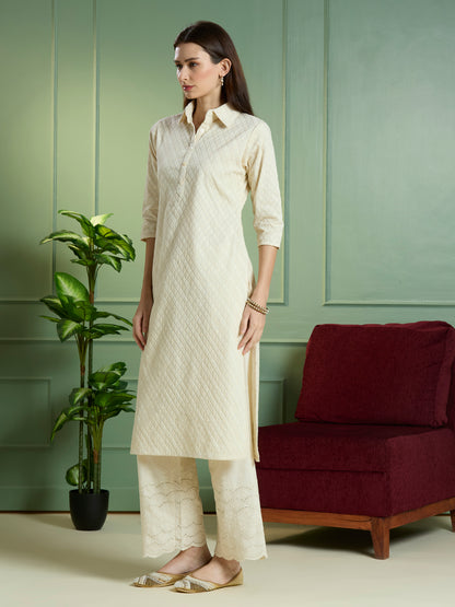 Solid Ethnic Embodied Straight Fit Kurta with Palazzo - Off White