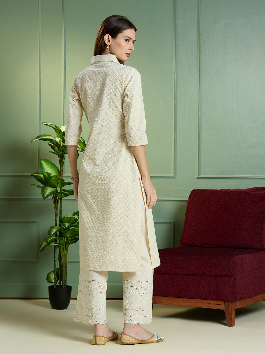 Solid Ethnic Embodied Straight Fit Kurta with Palazzo - Off White