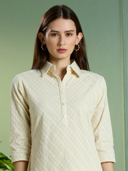 Solid Ethnic Embodied Straight Fit Kurta with Palazzo - Off White