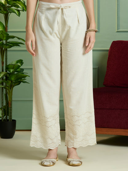 Solid Ethnic Embodied Straight Fit Kurta with Palazzo - Off White