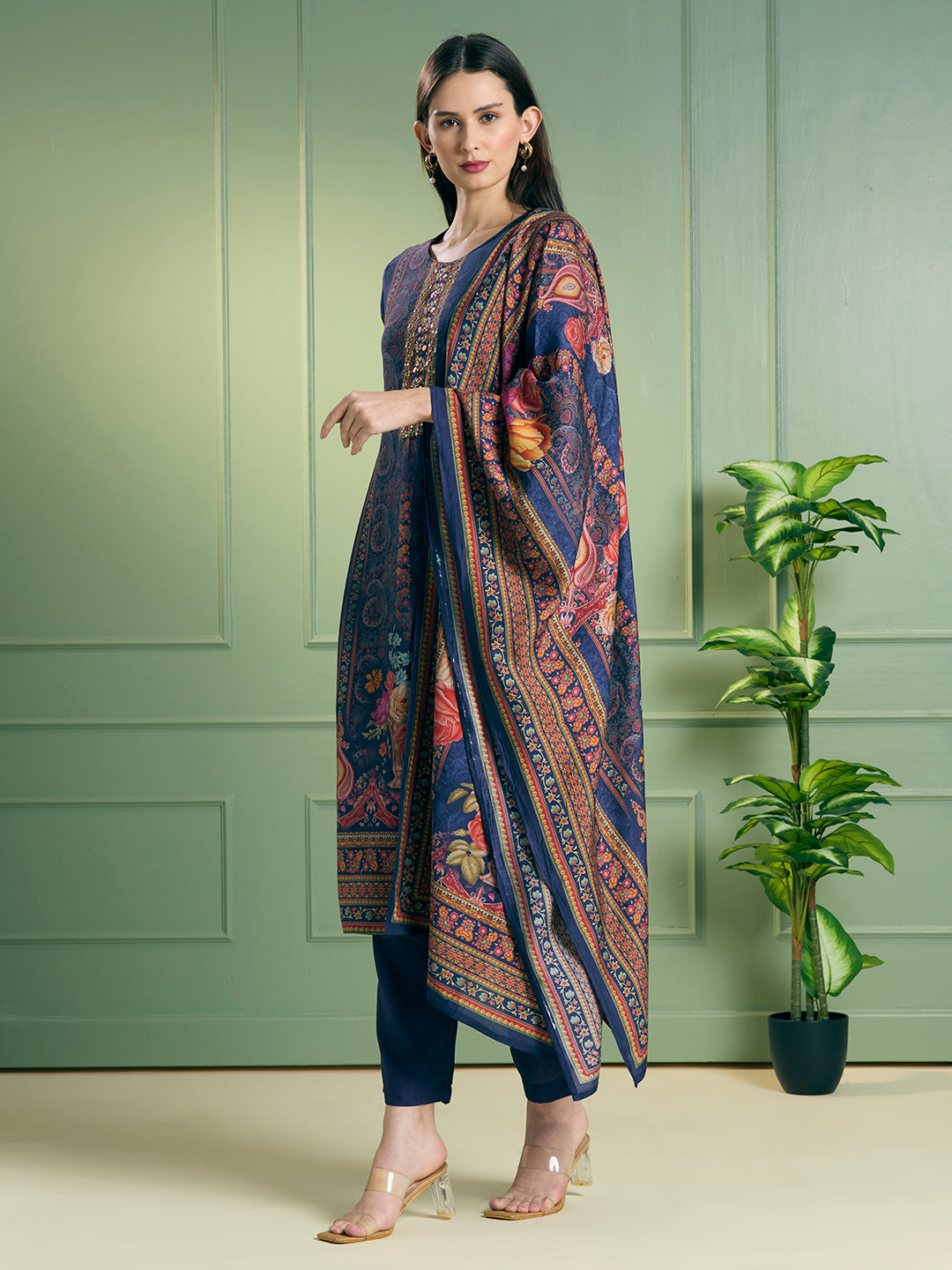 Ethnic Floral Printed Embroidered Straight Kurta with Pant & Dupatta - Blue
