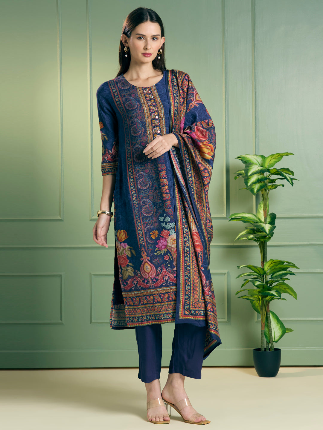 Ethnic Floral Printed Embroidered Straight Kurta with Pant & Dupatta - Blue